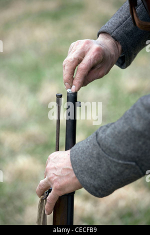 Reenactors of the 7th Tennessee Cavalry, Company C during a gathering at Parkers Crossroads, Tennessee. Stock Photo