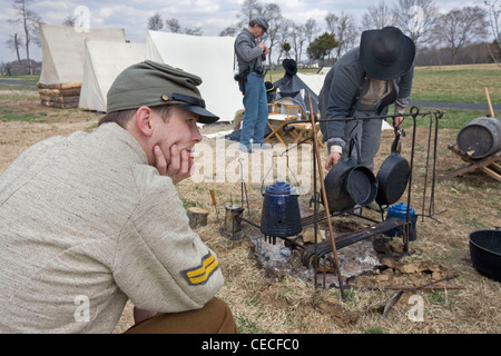 Reenactors of the 7th Tennessee Cavalry, Company C during a gathering at Parkers Crossroads, Tennessee. Stock Photo