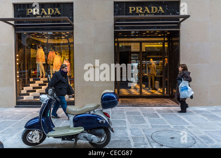 Paris, France, Women Walking on Street, Luxury Window Shopping on 'Rue Faubourg Saint Honoré', Prada Shop, Parisian street scene people Stock Photo