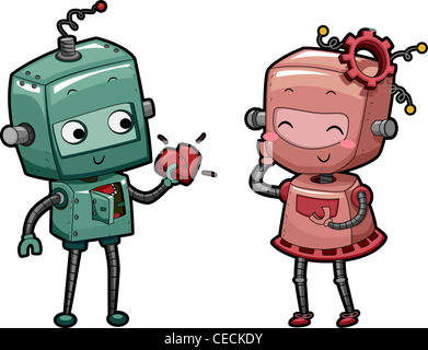 Illustration of a Male Robot Handing His Heart to a Female Robot Stock Photo