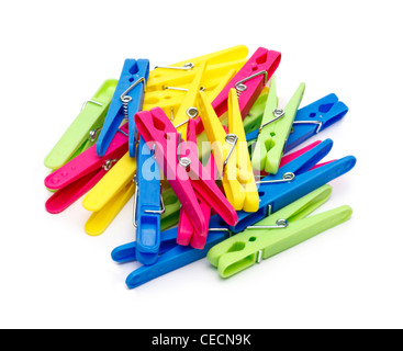 Pile of clothes pegs on white background Stock Photo