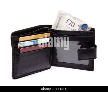 Money in an open wallet - British currency notes - on white background Stock Photo