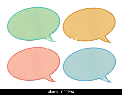 Pastel colors recycled textured paper speech bubbles, isolated on white background Stock Photo