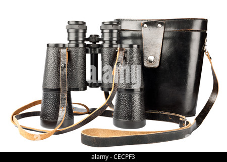 Old antic binocular coated with leather and it's black case with a long strap, isolated on white background Stock Photo