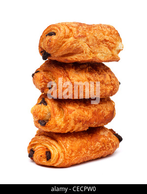 Pile of French Pain au Chocolat / chocolatines on white background Stock Photo