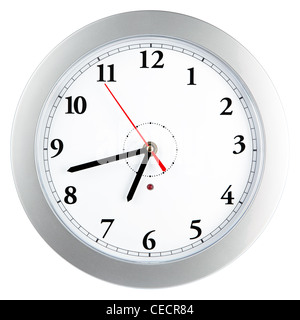Simple modern wall clock in silver color frame, isolated on white background Stock Photo