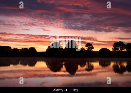 View across Sywell Reservoir at dawn. The silhouetted trees sky are reflected in the water. Stock Photo