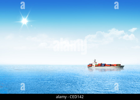 Dry cargo container ship in ocean. Flat cartoon style. Vector ...