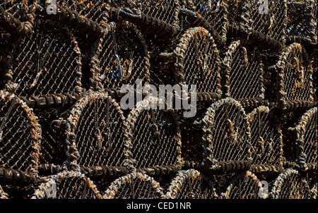 close up macro shot of a pile of crayfish or Lobster pots stacked on the harbor Stock Photo