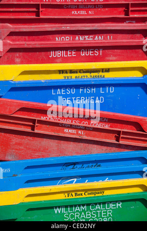 unused and empty plastic fish packing  crates.Gourdon Scotland Stock Photo