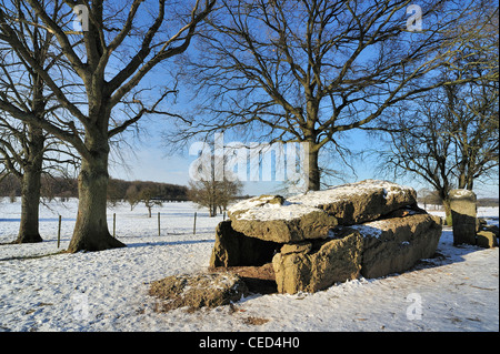 The Grand Dolmen de Wéris, a megalithic portal tomb in the snow in winter, Belgian Ardennes, Luxembourg, Belgium Stock Photo