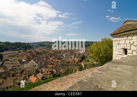 Horizontal wide angle view across the old centre of Schaffhausen from the Canton fortress, the Munot, on a bright sunny day. Stock Photo
