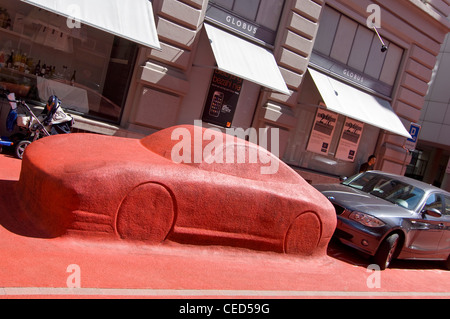 Horizontal close up of the bizarre red polymer area known as the Stadtlounge, City Lounge, in the old town of St Gallen Stock Photo