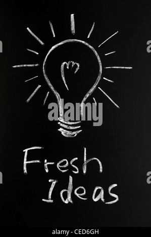 Fresh ideas with a light bulb drawn on a blackboard Stock Photo
