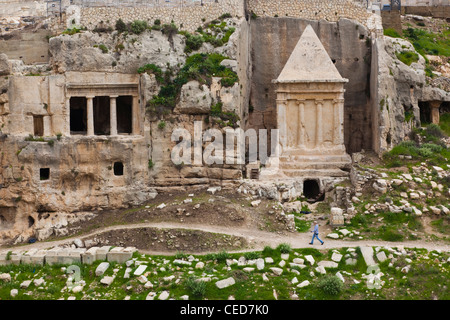 Israel, Jerusalem, Valley of Jehoshaphat, Grotto of Saint James and Absaloms Pillar, elevated view Stock Photo