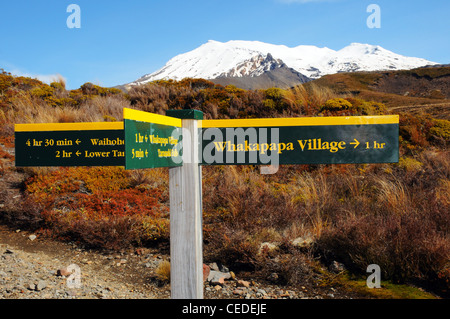 SIgnpost on the hiking trails around Whakapapa village, Tongariro national Park, New Zealand with Ruapehu beyond Stock Photo