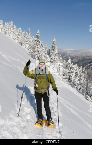 A young woman snowshoeing in the Chic Chocs, Parc de la Gaspesie, Quebec Stock Photo