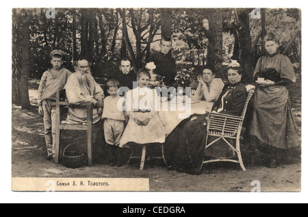 Old post card with L.N.Tolstoy's family portrait Stock Photo
