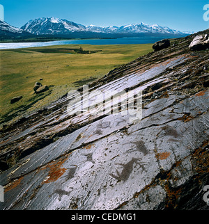 Petroglyphs on the rocks near Lake Hoton Nuur (Khoton Nur). Altai Tavan Bogd National Park. Mongolia Stock Photo