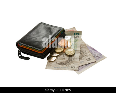 Close up of money English Five ten and twenty cash pounds pound notes £5 £10 £20 and coins spilling out of a leather purse Stock Photo
