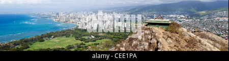 Panorama of Waikiki in Oahu Hawaii from the summit of Diamond Head crater Stock Photo