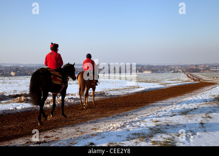 Two jockeys and their horses on the gallops in winter, Warren Hill training ground, Newmarket Suffolk UK Stock Photo