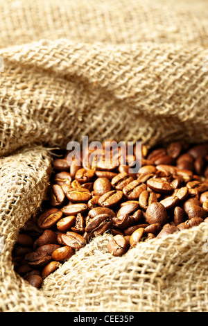 Coffee beans in the sack close up Stock Photo