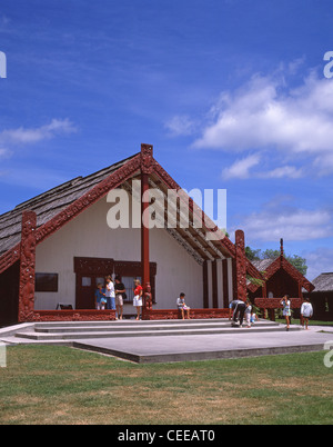 Maori Meeting House (Wharenui), Whakarewarewa Living Thermal Village, Rotorua, Bay of Plenty Region, New Zealand Stock Photo