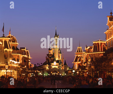 Sleeping Beauty's Castle at dusk, Disneyland Park, Disneyland Paris, Marne-la-Vallée, Île-de-France, France Stock Photo