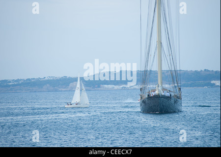 The schooner Atlantic approaching the Gallipoli port, Italy Stock Photo