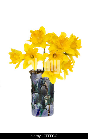 Bunch of daffodils in a glazed pottery vase isolated against white Stock Photo