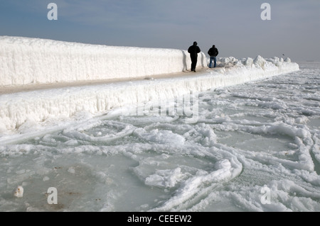 Icy pier, frozen Black Sea, a rare phenomenon, Odessa, Ukraine, Eastern Europe Stock Photo