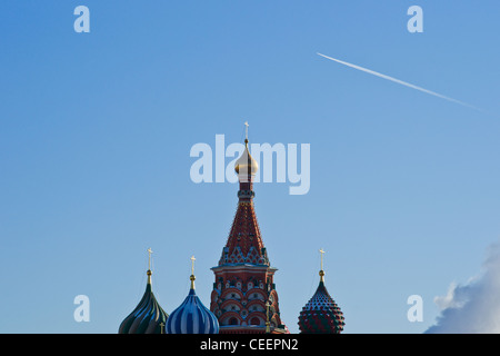 Details of the St. Basil's cathedral on Red Square of Moscow, Russia against deep blue sky Stock Photo