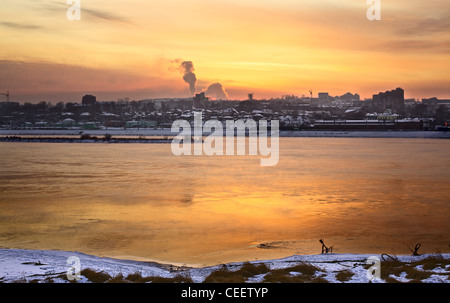 winter sunset over Angara at Irkutsk, Russia Stock Photo
