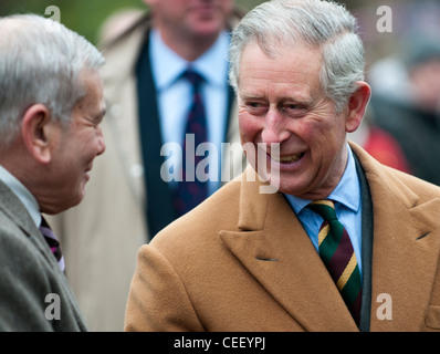 HRH The Prince of Wales meeting former cricket umpire Dickie Bird in Barnsley, England, January 24 2012. Stock Photo