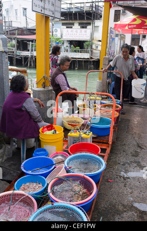 dh Tai O Seafood market LANTAU HONG KONG Stalls street vendors asia people fish seller fishing village islands china wet markets live Stock Photo