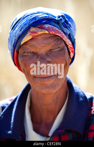 Native woman from the Sam tribe in Kagalagadi Transfrontier Park, Xaus camp, Namibia, Africa Stock Photo