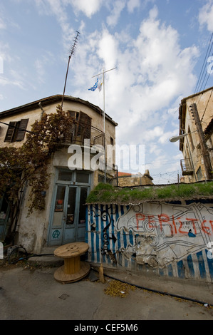 Nicosia - locally called Lefkosia - the capital of Cyprus, the Green Line dividing the city, seen from the Greek side. Stock Photo