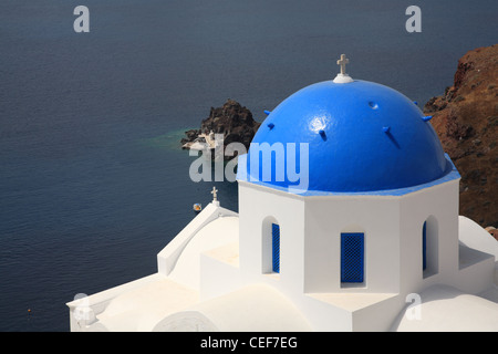 Blue Byzantine Greek Orthodox church dome, Oia, Santorini, Cyclades Islands, Greece Stock Photo
