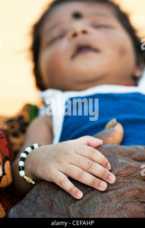Indian Grandmother holding new born baby. Andhra Pradesh, India. Selective focus. Stock Photo