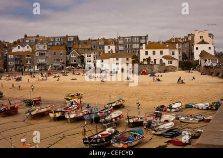 St Ives harbour beach, fishing boats on beach, St Ives Cornwall, UK. Stock Photo