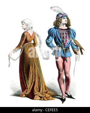 A couple dressed in the fashion of the last half of the 15th century, in France Stock Photo