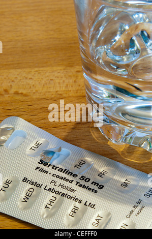 A pack of Sertraline tablets on a bedside table. Stock Photo