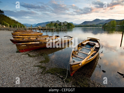 Resting Rowing Boats on [Derwent Water] at Keswick Landing Stage, Sunset Stock Photo