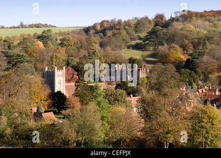 Chiltern Hills - Hambleden village - seen in context with its surroundings - wooded hillsides - autumn colours Stock Photo