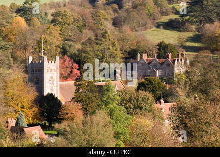 Chiltern Hills - Bucks -  Hambleden village - seen from hillside above - surrounded by trees - autumn colours Stock Photo