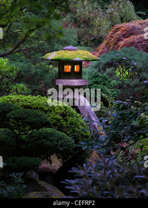 Lit lanterns in Portland Japanese Gardens. Oregon Stock Photo