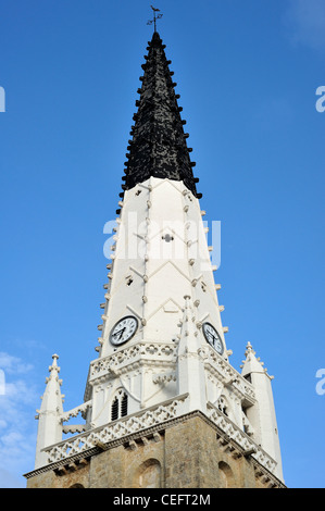 Black and white spire of Saint Etienne church, beacon for ships at sea, Ars-en-Ré, island Ile de Ré, Charente Maritime, France Stock Photo