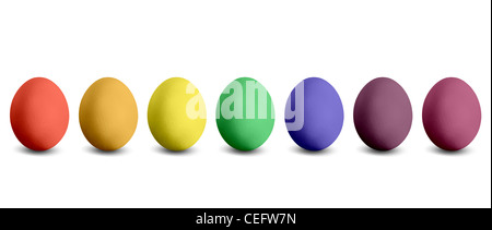 seven coloured Easter eggs isolated before white background Stock Photo