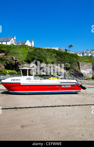 Port Isaac, Cornwall, England pleasure fishing boat moored on the beach sand waiting for the tide to come in Stock Photo